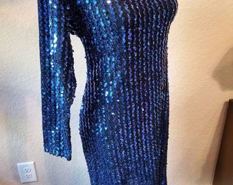 Vintage dress, blue dress, sequined dress, off the shoulder dress, dress by Frederick's of Hollywood, 1980's dress, vintage prom dress