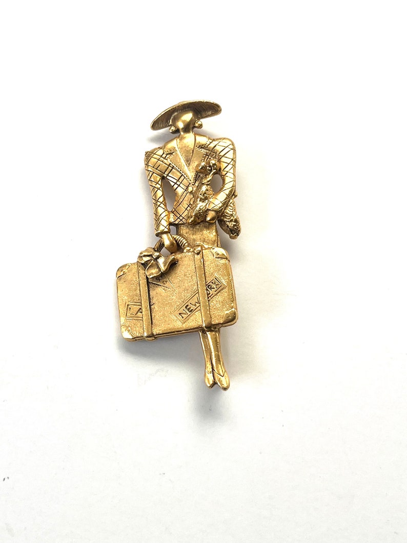 Vintage Woman Traveling Pin, Vintage Brooch, Woman With Suitcase Pin, Gold Toned Pin, Large Brooch, Figure Brooch, Traveler Pin image 1