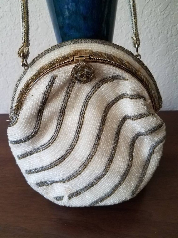 Beaded vintage handbag cream and tan ,1940's - image 1