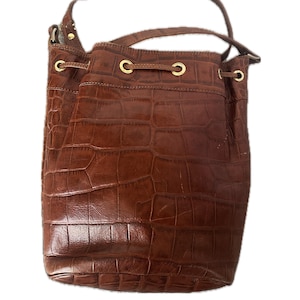 ANN TAYLOR Vintage Drawstring Leather Purse, Vintage Genuine Italian Leather Shoulder Bag, Made in Italy, Croc Embossed Leather Drawstring