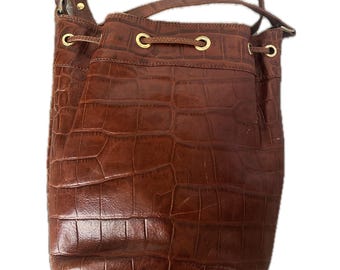 Vintage Ann Taylor Italian Leather Bucket Bag, Croc Embossed Drawstring