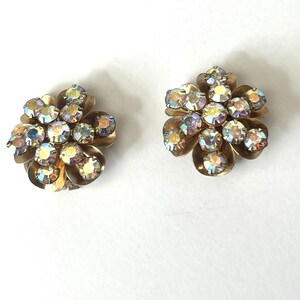 Vintage Iridescent Earrings, Gold Tone Flower Earrings, Clip-On Earrings, Rhinestone Earrings, Vintage Jewelry, Floral Earrings, 60s Earring