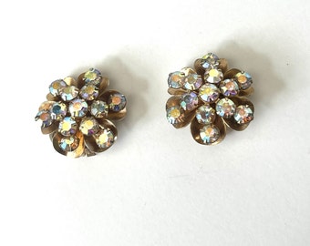 Vintage Iridescent Earrings, Gold Tone Flower Earrings, Clip-On Earrings, Rhinestone Earrings, Vintage Jewelry, Floral