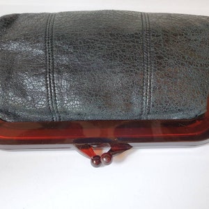 Black purse vegan leather with thick brown lucite trim,1960's image 4