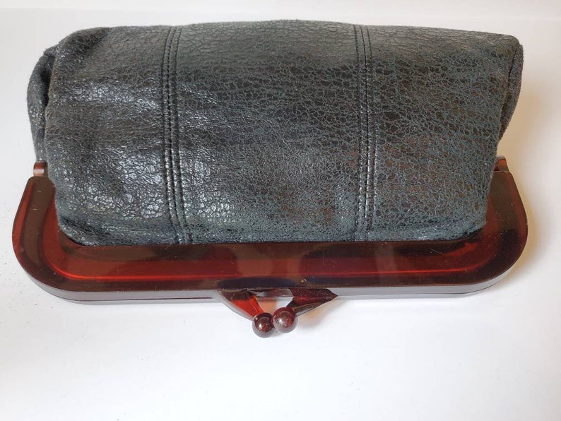 Black purse vegan leather with thick brown lucite trim,1960's image 4