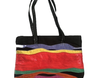 Sac fourre-tout en cuir patchwork CARLOS FALCHI vintage, sac à main de créateur en relief coloré, années 80