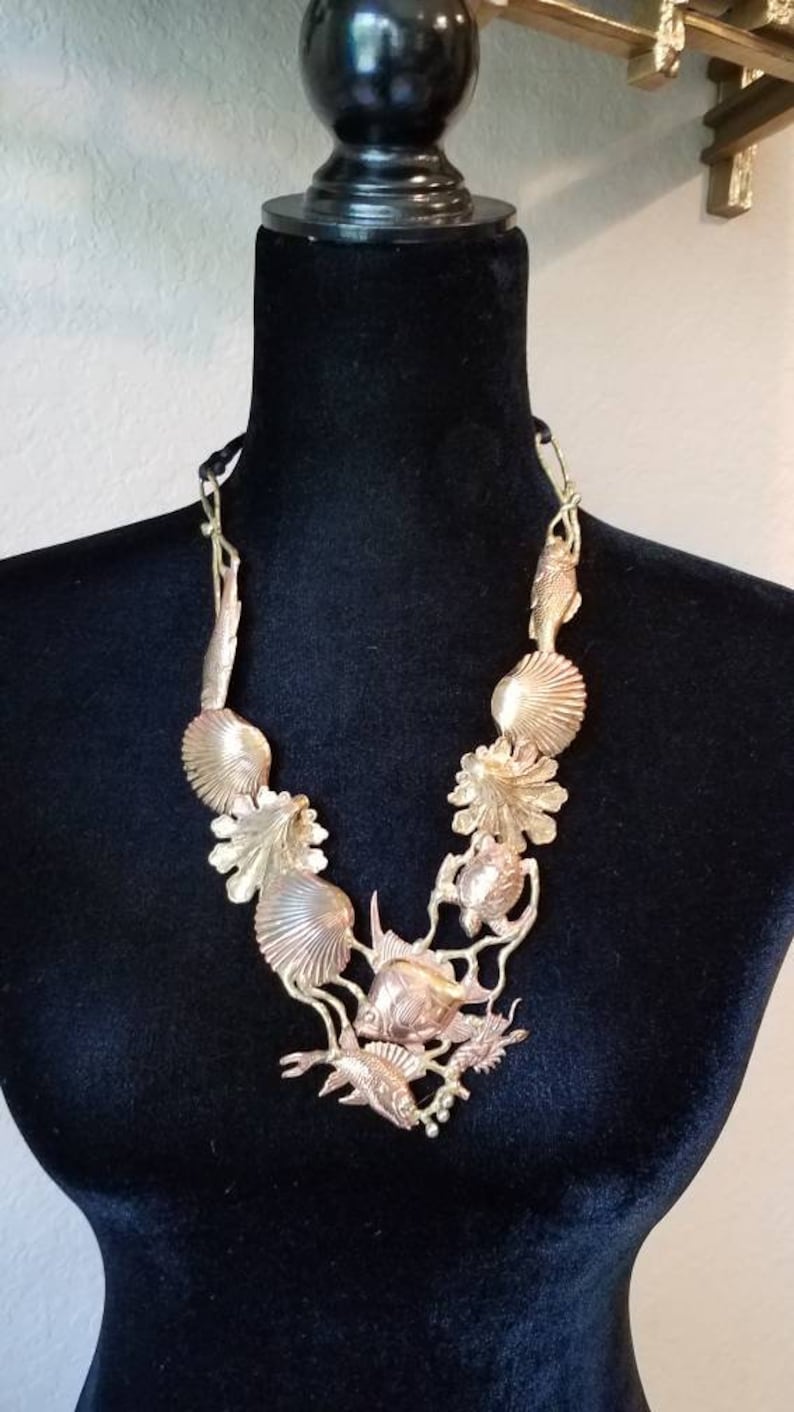 Brass necklace sea life necklace vintage beaut 1980s image 1