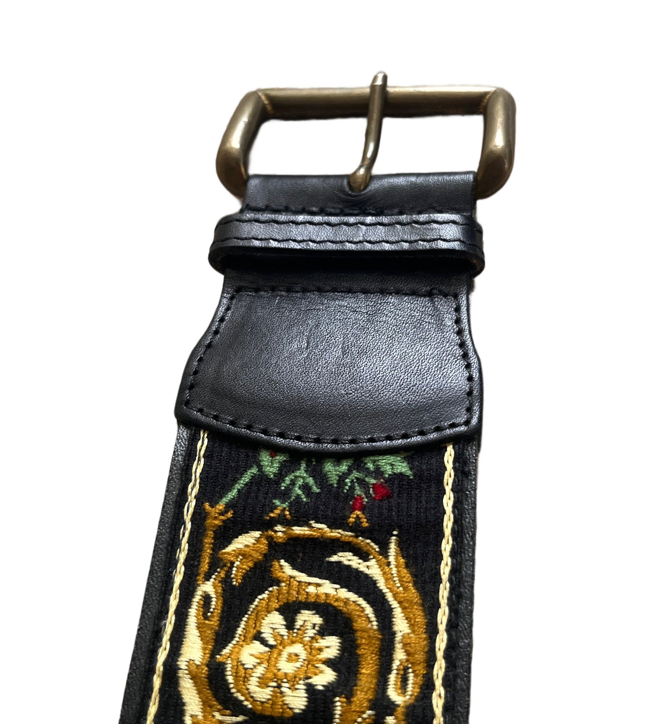 Vintage Laura Ashley Needlepoint Floral Belt, Black Wool 