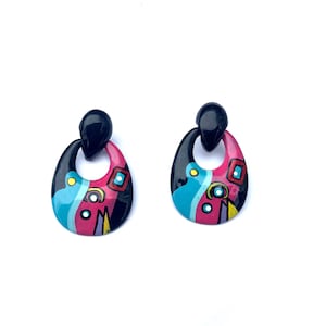 Vintage 80s Pop Art Earrings, Abstract Earrings, Retro Earrings, Vibrant Teardrop Earrings, Handpainted Earrings, Geometric Pierced Earrings