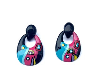 Kolczyki w stylu pop-art z lat 80., kolczyki abstrakcyjne, kolczyki retro, żywe kolczyki w kształcie łezki, ręcznie malowane kolczyki, geometryczne kolczyki przekłuwane