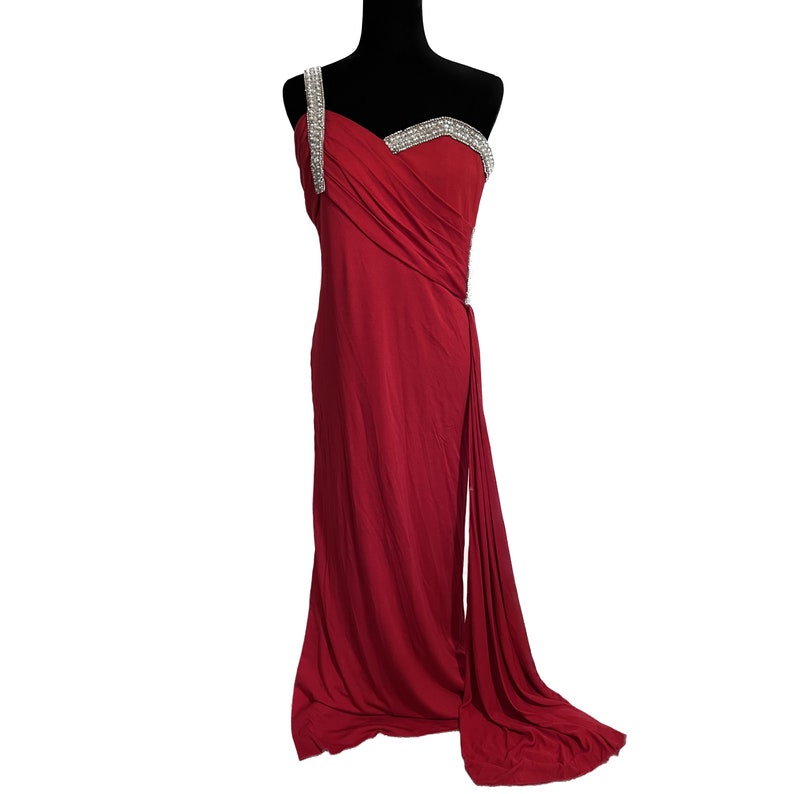 VICTORIA ROYAL 90s Vintage Designer Red Dress, One Strap Red Dress, Rhinestone Dress, Vintage Evening Gown, Vintage Prom Dress, Evening Wear image 1