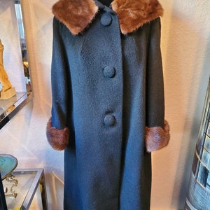 Wool and Mink Fur Coat, Wool Vintage Coat, Mink Fur Trim Coat, Black Coat, Steven Forstmann, 1960&#39;s Coat, Fur Coat, Retro Long Wool Coat