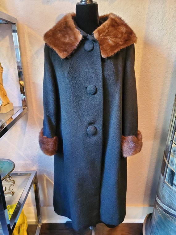Vintage Wool Coat, Wool Coat, Mink Fur Trim Coat, Bla… - Gem
