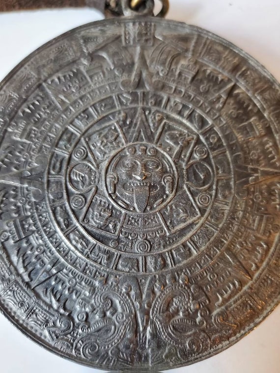 Aztec sun calendar vintage pewter necklace, 1970's - image 4