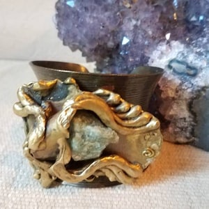 Carvalhu of Rio Copa Brutalist Cuff, Green Amozonite Crystal Cuff, Redesigned By Amanda Alarcon-Hunter, Forged Brass Cuff, 60s Designer Cuff