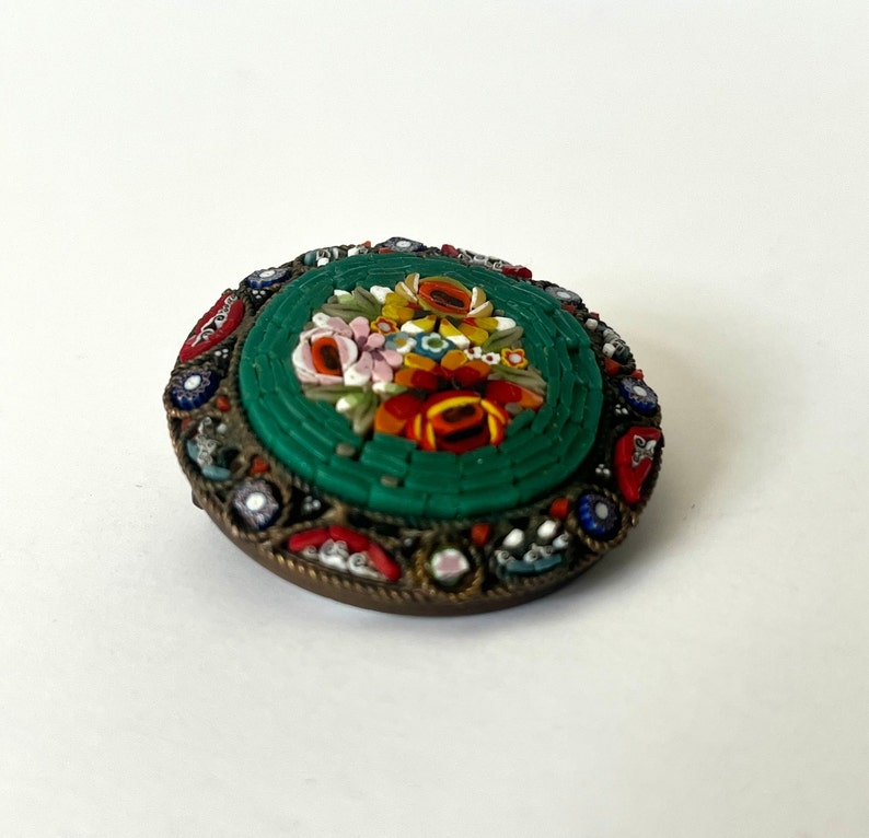 Italian Micro Pin, Mini Mosaic Tile Brooch, Tile Pin, 1940s Brooch, Floral Pin, Copper Brooch, Vintage Brooch, Green Brooch, Floral Brooch image 3