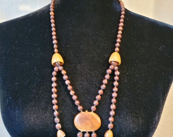 Vintage Brown Wood Bead Necklace, Boho Mala Style, Hand Beaded
