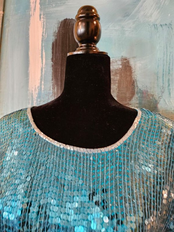 Blue Sequin Top, Vintage Teal Blouse, 80s Sequin … - image 2