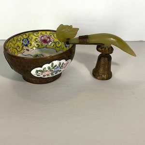 Cloisonne Chinese Jade Belt Hook Mounted Enamel Bowl, Painted Enamel Gilt Bronze Bowl, Vintage China Cup W/ Jade Handle, Collectors Bowl image 1