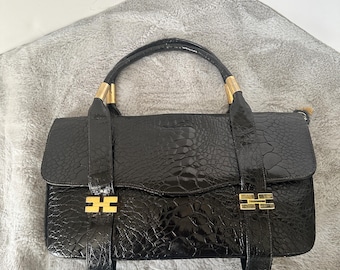 Vintage Figli Di Orfeo Macchi Croc Embossed Leather Top Handle Purse, 1990 Designer Italian