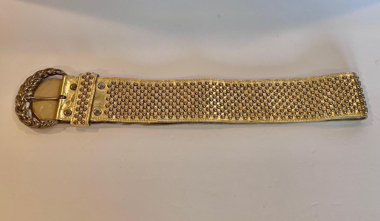 80s Gold Metallic Studded Leather Belt, Braided Buckle - Etsy