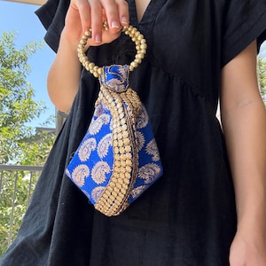 Vintage Versatile Royal Blue Silk Potli Bag, Gold Bead Wristlet Purse, Made in India