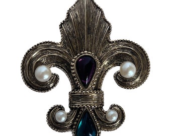 Fleur De Lis Pin, Vintage French Pin, Fleur De Lis Brooch, Cabochon Brooch, Couture Fashion Vintage Brooch, Floral Pin, Faux Pearl Pin