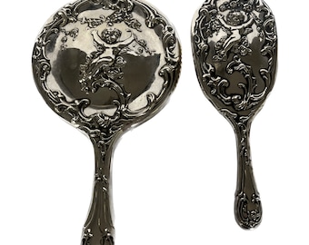 Juego de cepillo y espejo de plata, cepillo y espejo de querubín, juego de tocador vintage, decoración de baño vintage, decoración vintage para el hogar, decoración vintage en plata