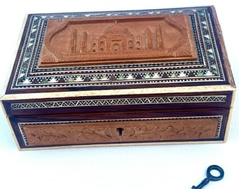 Vintage Jewelry Box, Wooden Jewelry Box, Indian Box, Carved Wood Box, Box with Key, Taj Mahal Box, Ethnic Carved Wood Box