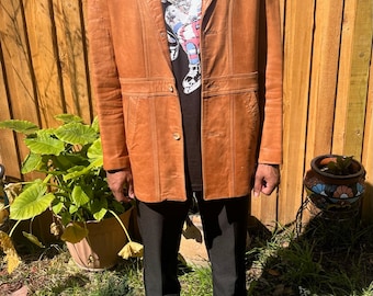 Vintage 1970s Carmel Brown Leather Blazer, Unisex Startown Coat