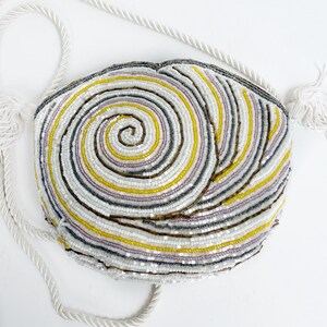 RARE Vintage Swirl Beaded Pure, 90’s Crossbody Evening Bag, Nautilus Design Purse, Handmade Hong Kong, Collectors Beaded Purse, Tassel Deco