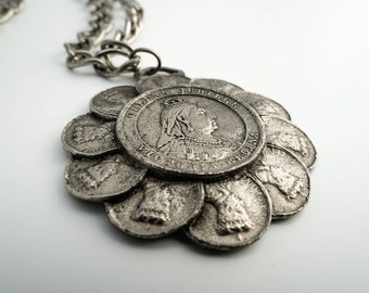 Queen Victoria Regina jubilee silver tone coin necklace by Herald,  1960's