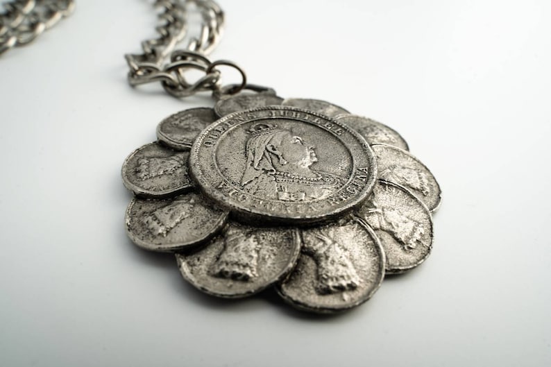 Queen Victoria Regina jubilee silver tone coin necklace by Herald, 1960's image 1