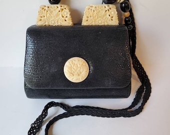 Rafael Sanchez Designer Purse, 80s Black Faux Lizard Handbag, Lucite Beads, Asian Inspired Purse