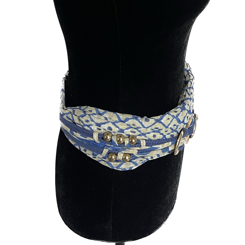 Vintage Tropical Wrap Belt, Blue Geometrical Pattern Belt, Wide Fabric Belt, Vintage Gold Bird and Bead Belt, Statement Belt, Pirate Belt image 2