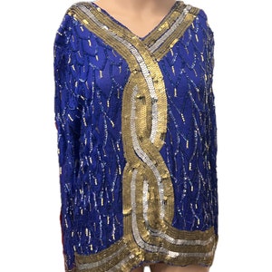 Vintage Sequin Top, Sequins Top,  Blue and Gold Silk Sequins Top,  Vintage Blouse, Sequin Blouse, Gold, Silver and Blue Blouse, Silk Blouse