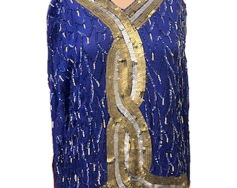 Vintage Sequin Top, Sequins Top,  Blue and Gold Silk Sequins Top,  Vintage Blouse, Sequin Blouse, Gold, Silver and Blue Blouse, Silk Blouse