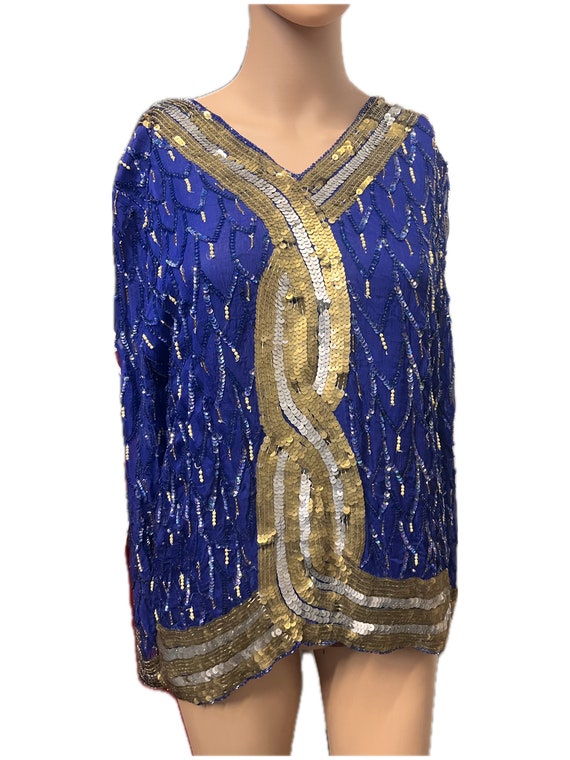 Vintage Sequin Top, Sequins Top,  Blue and Gold Si
