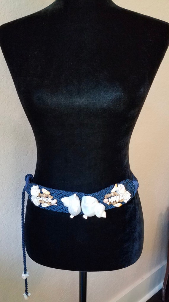 Vintage 1970s Seashell Belt, Blue Rope Tie, Nautical … - Gem display picture 2