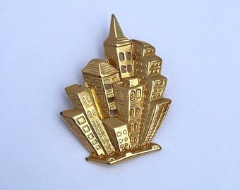 Building Pin, Building Brooch, Gold Buildings Accessory, Vintage Building Jewelry, 3D Brooch, City Scape Brooch
