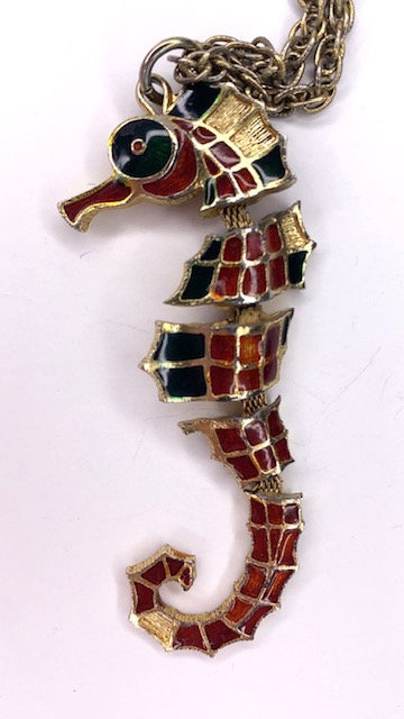 Vintage seahorse enameld with multi color deco and hinges, 1980's image 3