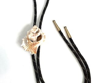 Shell BoloTie, Natural Spiral Sea Shell on Black Cord with Gold Flecks, Coastal Western Style, Handmade Statement Bolo Piece, Beach Inspired