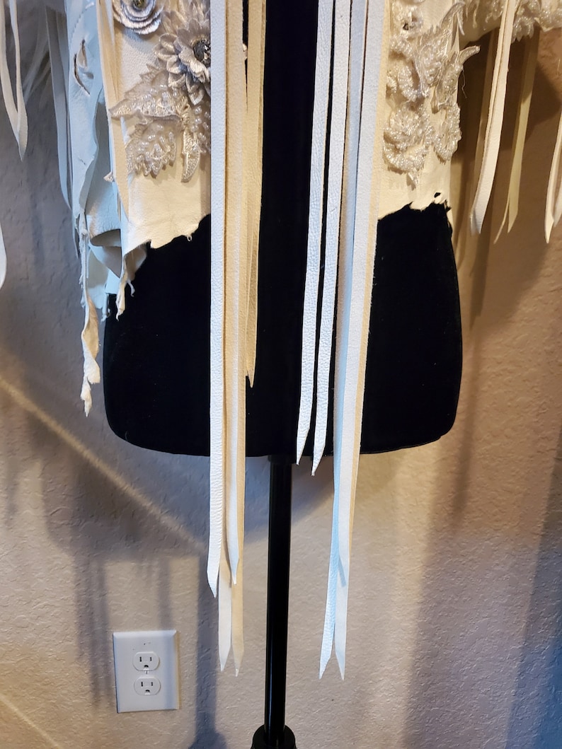 Designer Top, Feathered top, Julie Ewing, Feathered Cape, Leather Cape, Designer Cape, White Leather Cropped Top image 5