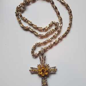 Vintage Brutalist Cross, Rhinestone and Gold Cross, Renaissance Cross, Mediaeval Jewelry, Catholic Jewlery, Wedding Gift, Baptism Necklace