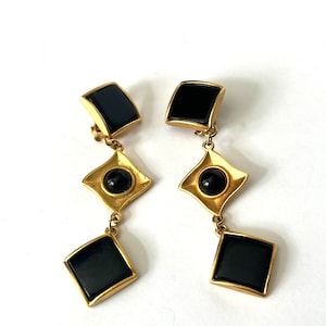Vintage Gold And Black Dangle Earrings, Abstract Geometric Dangle Earrings, Black Enamel Triangle  Dangle Earrings, Retro Clip-On Earrings