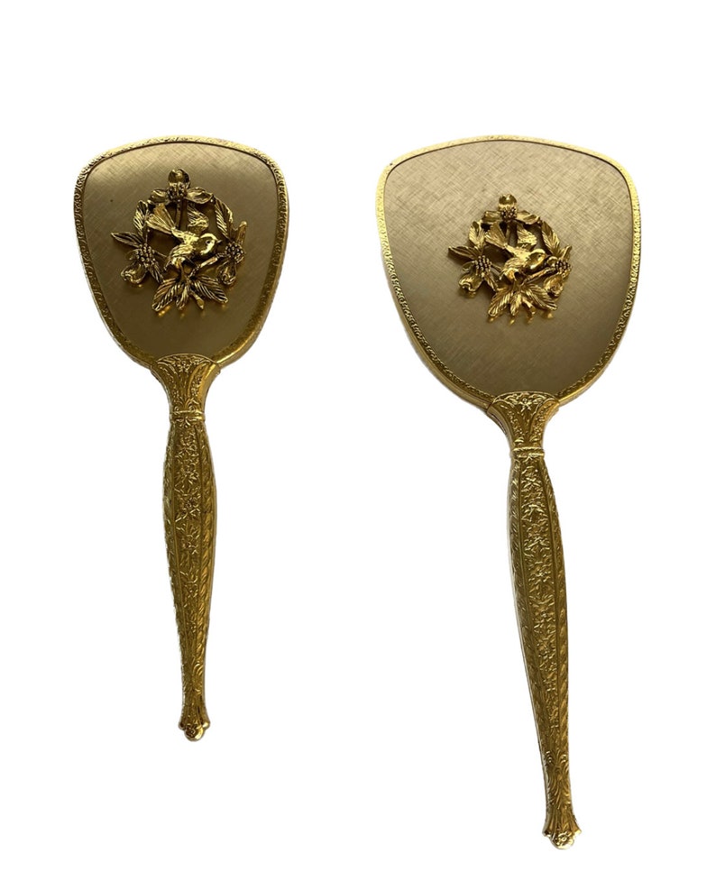 Vintage Gold Metallic Hairbrush and Mirror Set, Vintage Vanity Set, Vintage Brush and Mirror, Floral Decor, Bird Decor, Vintage Floral Brush image 2