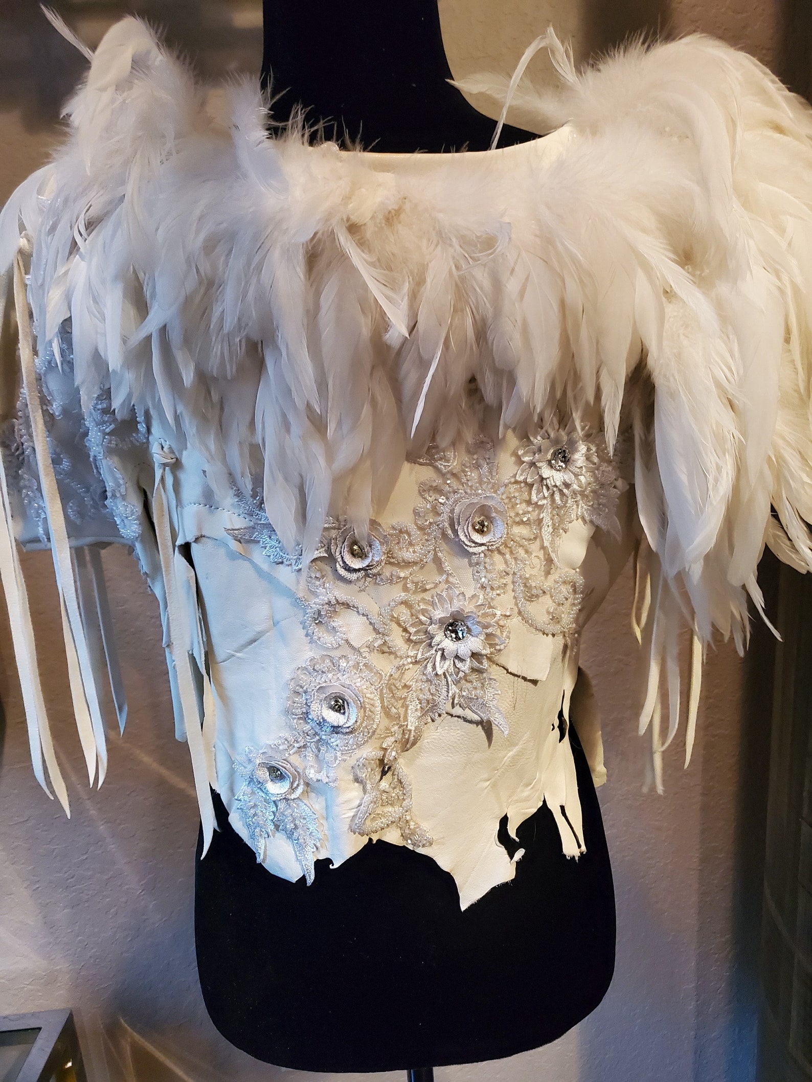 Designer Top, Feathered Top, Julie Ewing, Feathered Cape, Leather Cape ...