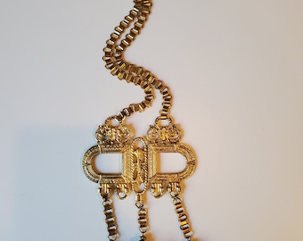 Vintage Gold Tone Neckalce, Statement Gold Necklace, Gold and Beaded Necklace, Vintage Large Gold Necklace, Gold Embossed Necklace