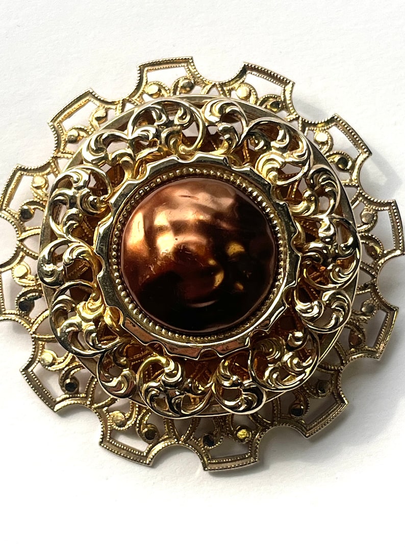 Vintage Gold Brooch, Large Gold and Bronze Pendant, Vintage Filagree Pendant, Statement Pendant, Vintage Pendant, Hat Pin, Scarf Accessory image 1