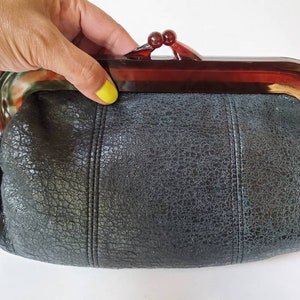 Black purse vegan leather with thick brown lucite trim,1960's image 3